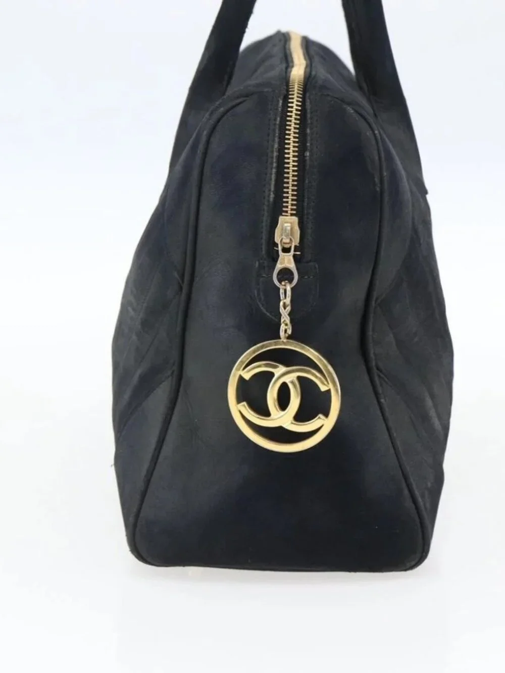 CHANEL Hand Bag Lamb Skin Black Gold CC Auth